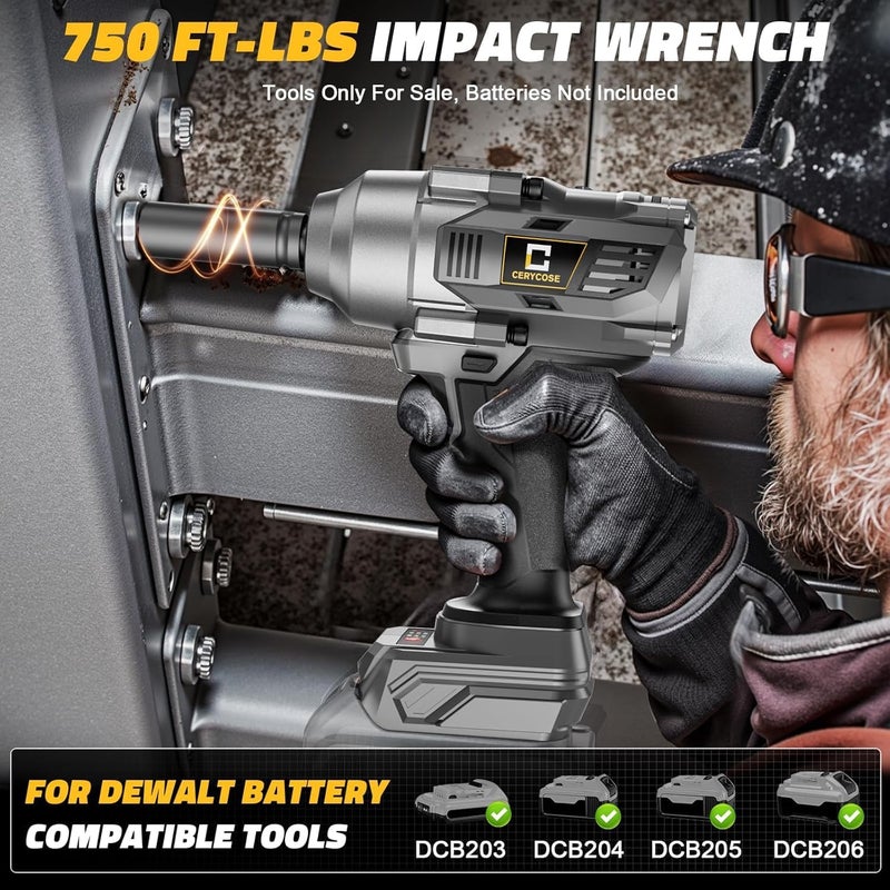 Cerycose Cordless impact Wrench 1/2 inch Compatible with Dewalt Battery, 750FT-LBS (1000N.m) Brushless Electric Impact Gun Includes LED Work Light with 6 Sockets, High Torque Impact Driver, Bare Tool Only - Image 2